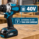 Kit Completo de Furadeira e Parafusadeira Profissional de Titânio 40V + Estojo, Bateria Extra, Base de Carregamento e Kit de Brocas