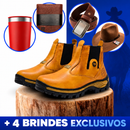 Kit de Bota Masculina Adventure em Couro Legítimo com Solado Antiderrapante + 4 BRINDES: Carteira, Chapéu, Cinto e Copo Térmico