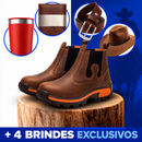 Kit de Bota Masculina Adventure em Couro Legítimo com Solado Antiderrapante + 4 BRINDES: Carteira, Chapéu, Cinto e Copo Térmico